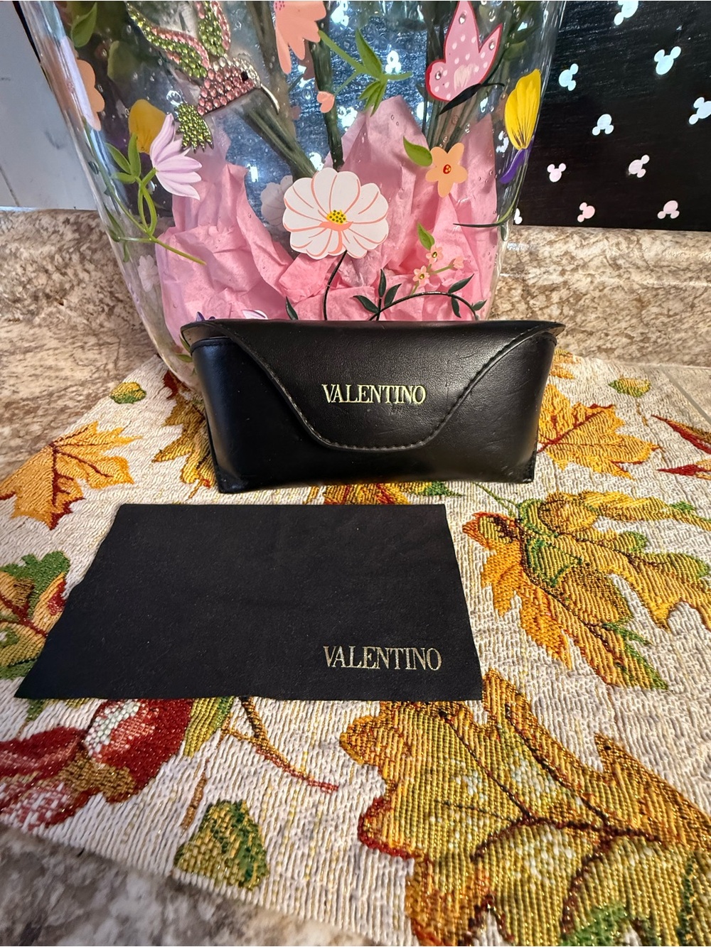 Valentino Black Leather Sunglasses Case with Gold Logo